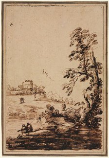 Landscape with Small Group of Buildings, second half 1700s. Creator: Guercino (Italian, 1591-1666), imitator of.