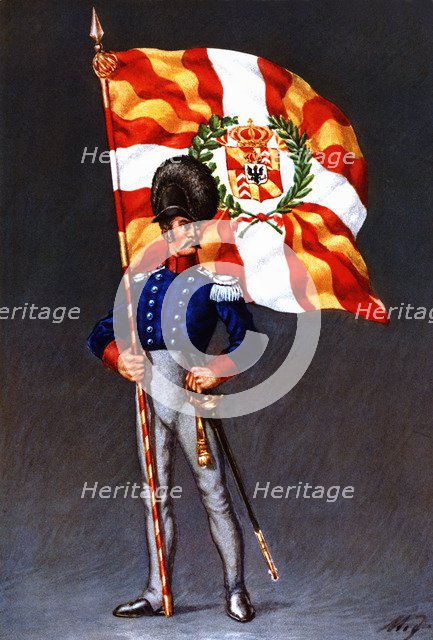 Flag bearer from the canton of Neuchatel, c. 1815. Color engraving from 1943, published by Editio…