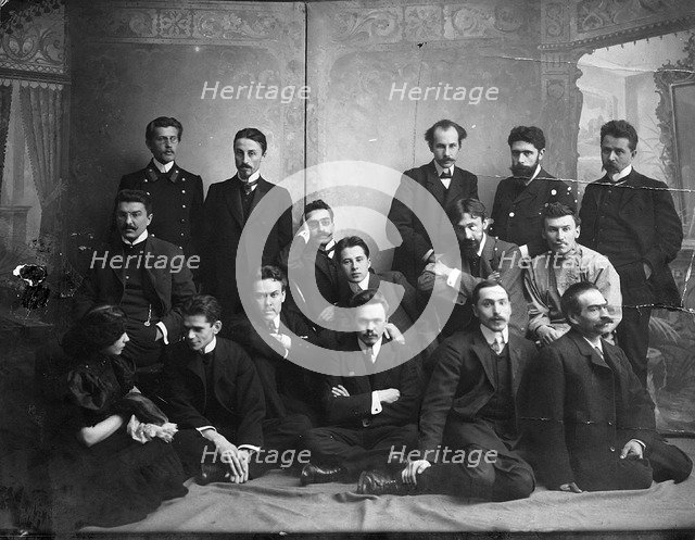 Russian author and poet Andrei Bely with symbolist authors, 1907. Artist: Unknown