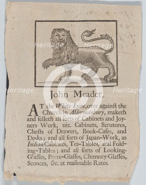 Trade Card of John Meader, Cabinets and Joyners Work, ca. 1690-1720. Creator: John Meader.