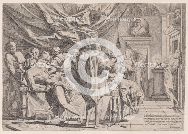 The suicide of the philosopher Cato, who lies on his bed pulling out his innards watched b..., 1648. Creator: Pietro Testa.