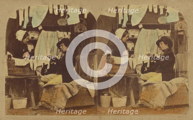 Woman washing clothes, man seated holding a bottle, clothes hung up overhead, about 1865. Creator: London Stereoscopic & Photographic Co.