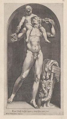 Speculum Romanae Magnificentiae: Bacchus on the Shoulders of a Satyr, 16th century., 16th century. Creator: Cornelis Cort.