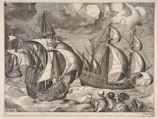 Three Caravels in a Rising Squall with Arion on a Dolphin from The Sailing Vessels, 1561-65. Creator: Frans Huys.