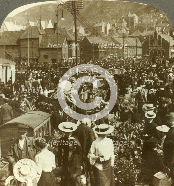 'Great market-place of busy Bergen, the flower market N. to the fish market, Norway', c1905. Creator: Unknown.