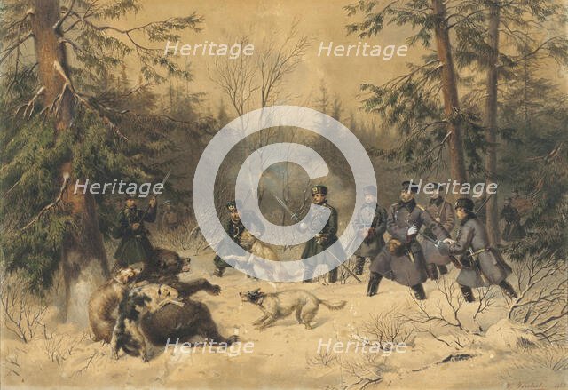 The Bear Hunt of Tsar Alexander II, 1862. Creator: Teichel, Franz (1816-?).