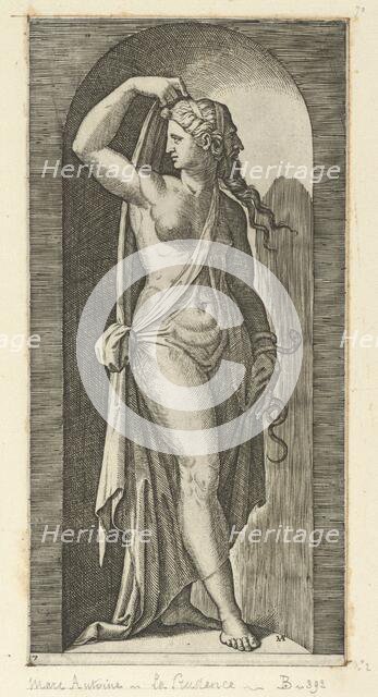 Prudence personified by a woman standing in a niche, holding a shawl in her right h..., ca. 1515-25. Creator: Marcantonio Raimondi.