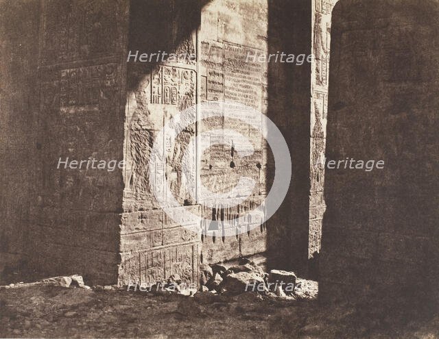 Ile de Fileh (Philæ), Premier Pylône, Inscription Française Gravée Sur L'ébrasement Ori..., 1851-52. Creator: Félix Teynard.