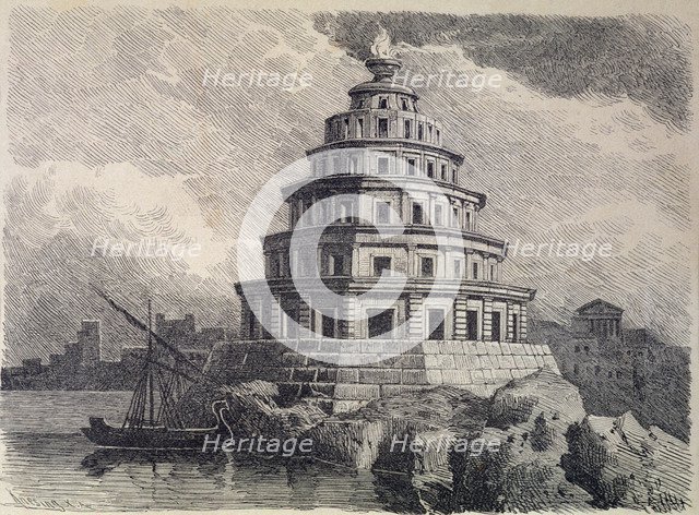 The Lighthouse of Alexandria in the port of the city, German engraving from 1886, is one of the s…