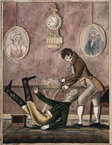 A wealthy patient falls over having a tooth extracted with vigour by a fashionable dentist, 1790. Creator: Unknown.