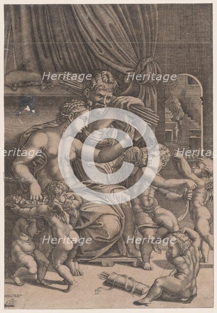 Venus and Vulcan Surrounded by Cupids, dated 1530. Creator: Agostino Veneziano.