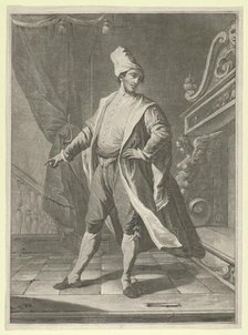 Man in Venetian costume standing before a large fireplace, right arm outstretched..., ca. 1770-1800. Creator: Anon.