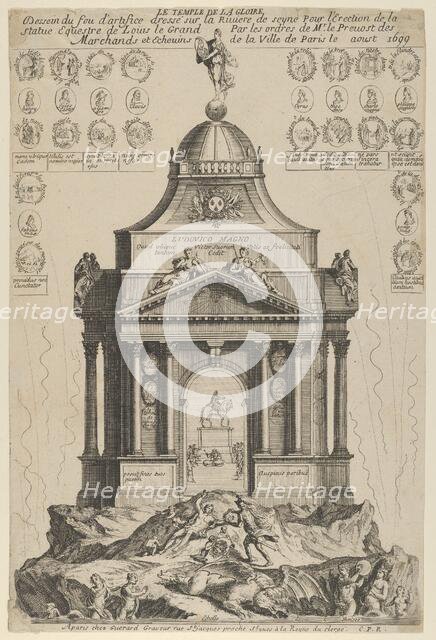 Fireworks celebrating the erection of the Temple of Glory and equestrian statue of Louis l..., 1699. Creator: Anon.