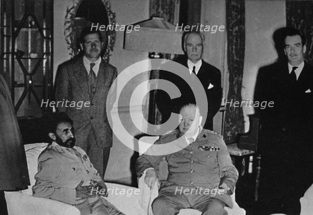 'Churchill in Cairo, with Ethiopian Emperor, Haile Selassie', 1943, (1945).  Artist: Unknown.
