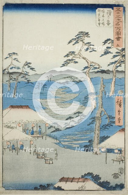 Hodogaya: Distant View of the Kamakura Mountains from the Rest House near the Boundary Tre..., 1855. Creator: Ando Hiroshige.