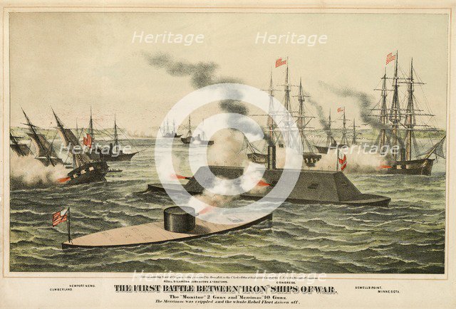 The First Battle Between 'Iron' Ships of War, published c.1862.