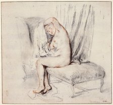 'Nude woman sitting on a chaise longue, putting on her shirt', 18th century.  Artist: Jean-Antoine Watteau