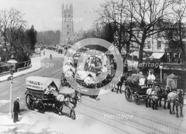Hall's Brewery drays lead the May Day processions, Magdalen Bridge, Oxford, Oxfordshire, 1912. Artist: Henry Taunt