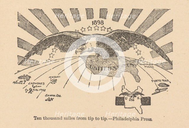Ten thousand miles from tip to tip, the American Eagle spreads his wings from the..., 1898. Creator: Anonymous.