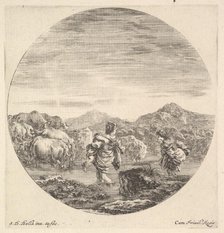 A woman carrying a child in center, seen from behind, another woman to right, facin..., ca. 1643-48. Creator: Stefano della Bella.