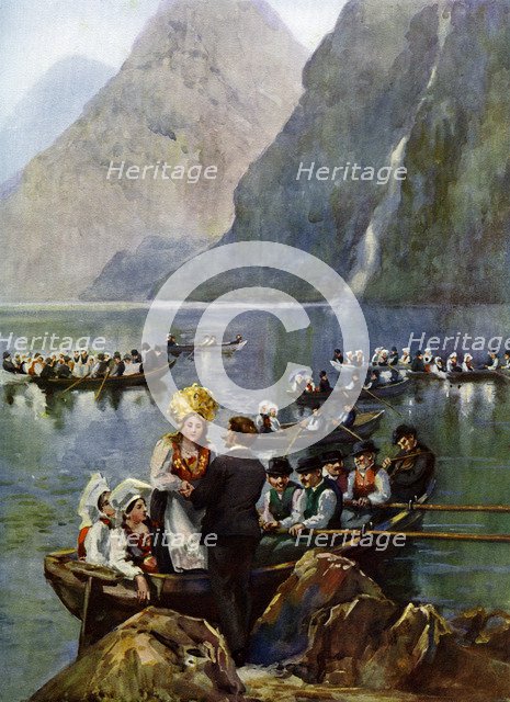 A wedding procession on boats, Norway. Artist: Unknown