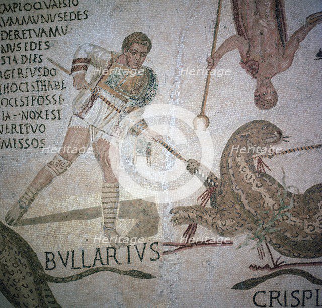 Roman mosaic of performers killing a leopard at a spectacle, 3rd century. Artist: Unknown