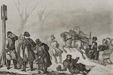 People on skates and on a horse drawn sleigh, Russia, 1839. Creator: Augustin François Lemaitre.