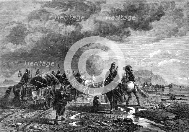"Military Train Crossing The Sands...In The Time Of The Civil War," by R. Beavis..., 1865.  Creator: Mason Jackson.
