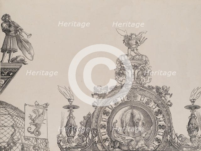 The Pinnacle of the Right Portal; and a Trumpeter and Standard from the Central Portal, fr..., 1515. Creator: Hieronymus Andreae.