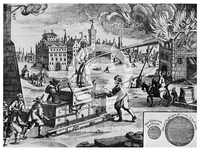 Fire engine on a sledge, 1662 (1956). Artist: Unknown