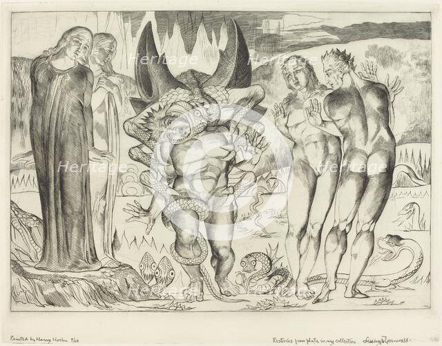 The Circle of the Thieves; Agnolo Brunelleschi Attacked by a Six-Footed Serpent, 1827. Creator: William Blake.