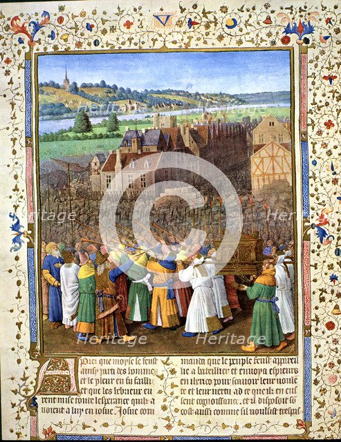 The Joshua prophet with the Holy Ark of the conquest of Jericho, miniature in 'Antiquites judaiqu…