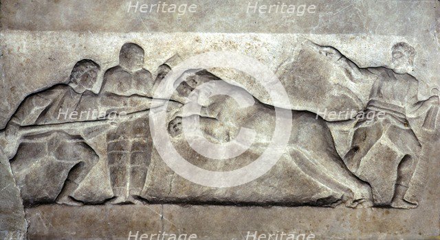 Stone relief ofStone relief of Gladiators fighting a lion, Turkey, c 323BC-31BC Artist: Unknown.