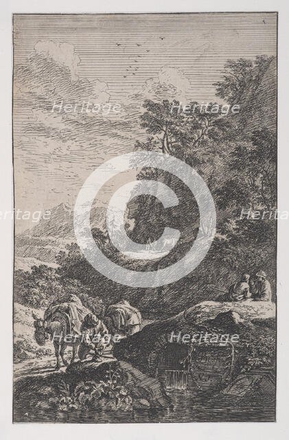 Plate 1: a peasant checking the hoof of his mule by a stream, from 'Landscapes in t..., ca. 1700-25. Creator: Franz Joachim Beich.