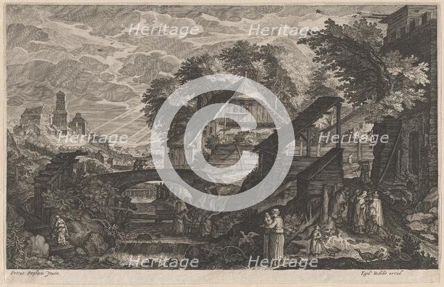 Farm Houses by a River with a City Beyond, 1610/1615. Creators: Aegidius Sadeler II, Pieter Stevens.