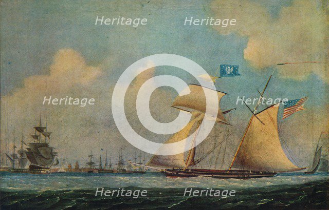 'An American privateer schooner and other vessels near a harbour', c1815. Creator: Burton.