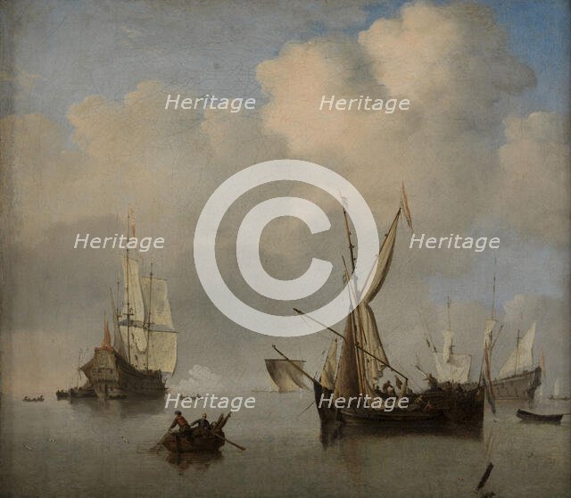 Calm sea: two small Dutch coasters at anchor alongside. Marine, c.1675. Creator: Willem van de Velde the Younger.