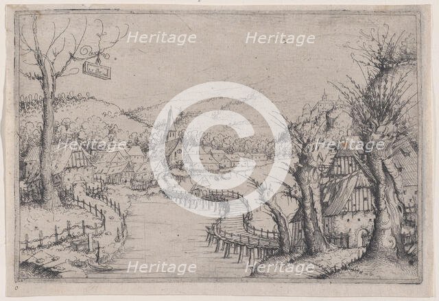 River Landscape with Three Bare Willow-Trees at Right and a Long Winding Wooden Bridge at ..., 1546. Creator: Augustin Hirschvogel.