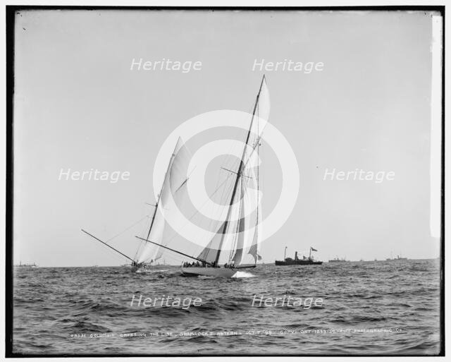 Columbia crossing the line, Shamrock I astern, 1899 Oct 7. Creator: Unknown.