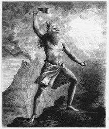 Thor, god of thunder in the Scandinavian pantheon, wielding his hammer, 1874. Artist: Unknown