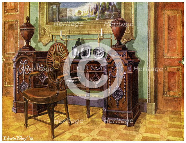Carved mahogany pedestal sideboard and oval wheelback master's chair, 1911-1912.Artist: Edwin Foley