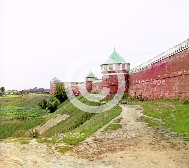 Eastern wall of the Spaso-Yevfimiev Monastery, Suzdal, 1912. Creator: Sergey Mikhaylovich Prokudin-Gorsky.