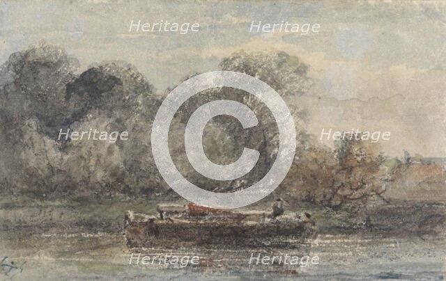 Boat with lowered mast lying ashore, 1828-1897. Creator: Adrianus Eversen.
