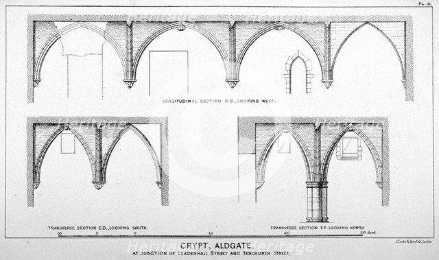 Sectional views of St Michael's Crypt, Aldgate Street, London, c1830(?). Artist: J Emslie & Sons