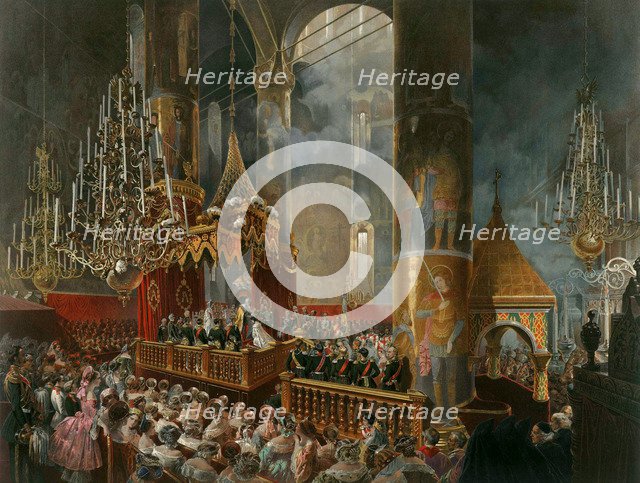 The crowning of Tsarina Maria Alexandrovna of Russia, Moscow, 1856.  Artist: Mihály Zichy