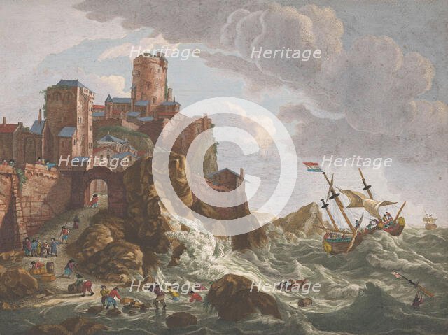 View on a coast with ships and boats on the cliffs in Norway, 1700-1799. Creators: Anon, Pierre Maleuvre.