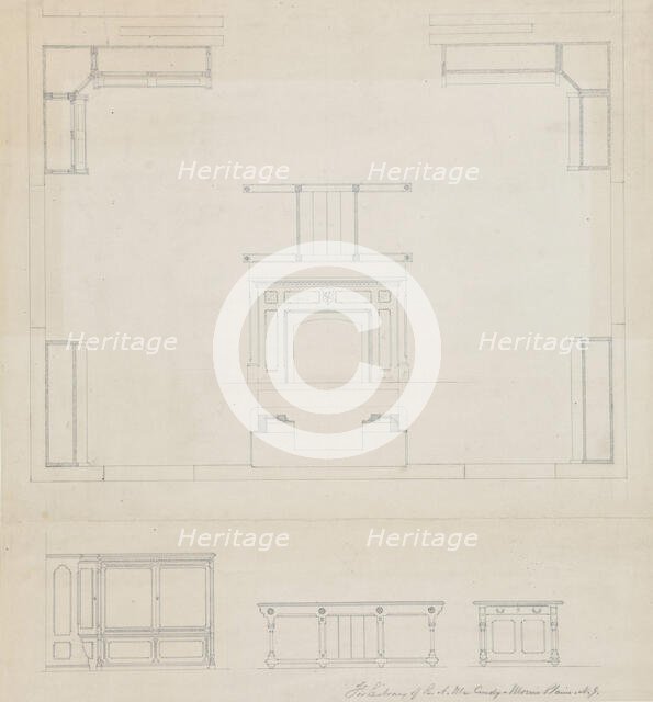 Library for R.A. McCurdy, Morris Plaines, New Jersey, Elevations of Mantel and Furniture, c. 1869. Creator: Peter Bonnett Wight.