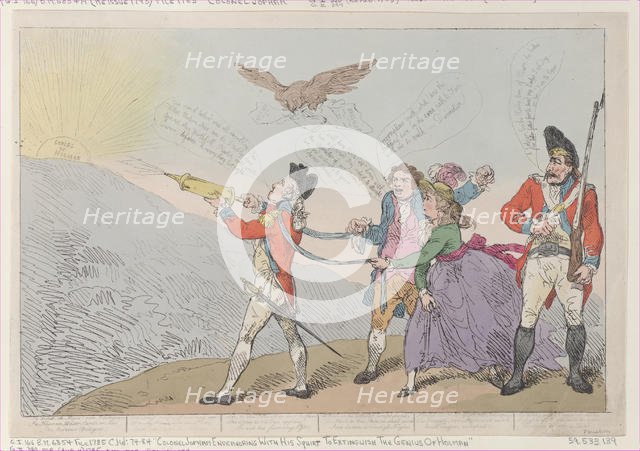[Col. Topham Endeavoring with his Squirt to Extinguish the Genius of Holman], O..., October 5, 1785. Creator: Thomas Rowlandson.