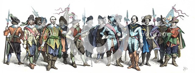Personages from the time of the Thirty Years War, 17th century. German Engraving 1860.