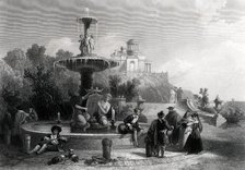 Madrid, scene and fountain with people walking, English engraving from 1880.